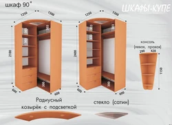 Өлшемдері фотосуреті бар жатын бөлмесіндегі бұрыштық гардероб мазмұны