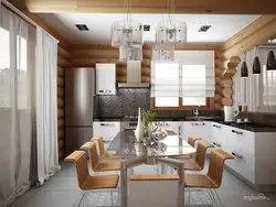 Kitchen design in a country house with a large window