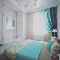 Turquoise curtains in the bedroom interior