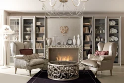 Living room with display cases in the living room interior photo
