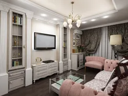 Living room with display cases in the living room interior photo