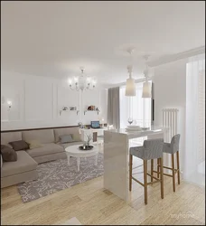 Açıq rənglərdə müasir mətbəx qonaq otağı fotoşəkili