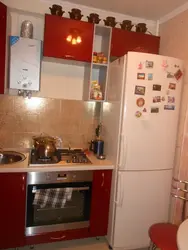 Kitchen interior 5 sq m photo with column and refrigerator