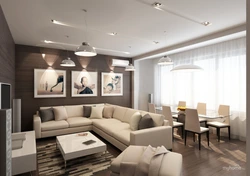 Living room kitchen design in beige tones