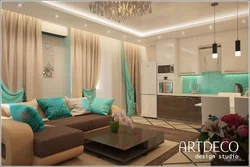Living room kitchen design in beige tones