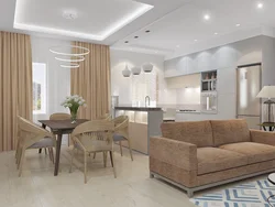 Living room kitchen design in beige tones