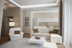 Living room kitchen design in beige tones