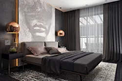 Dark bedroom design photo in modern