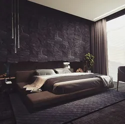 Dark bedroom design photo in modern