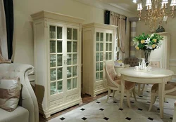 Living room interior with glass showcases