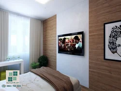 Televizor ilə çarpayının qarşısındakı yataq otağında divar dizaynı