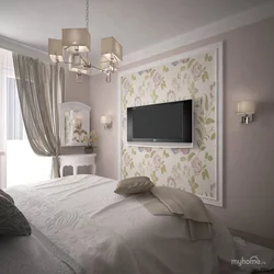 Televizor ilə çarpayının qarşısındakı yataq otağında divar dizaynı