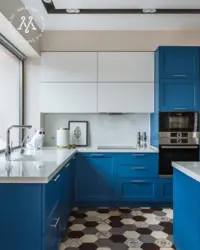 Kitchen design in white and blue colors photo