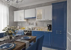 Kitchen design in white and blue colors photo