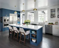 Kitchen design in white and blue colors photo