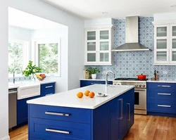 Kitchen design in white and blue colors photo