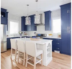 Kitchen design in white and blue colors photo