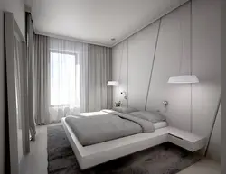Minimalist uslubdagi dizayndagi yorqin yotoq xonasi