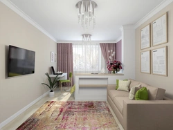 Interior of a living room in an apartment 16 sq m with a balcony