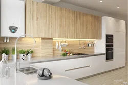 Kitchen with wooden countertop in beige interior