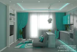 Turquoise sofa in the kitchen interior