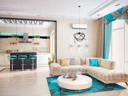 Mətbəx interyerində firuzəyi divan