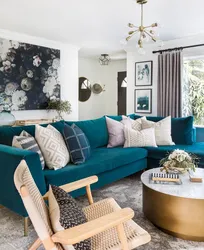 Turquoise sofa in the kitchen interior