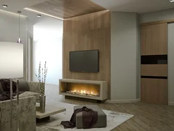Bio-Fireplace In The Interior Of The Living Room With TV