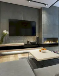 TV ilə qonaq otağının interyerində bio-kamin