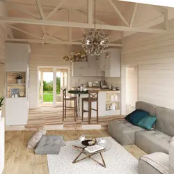 Kitchen living room 30 sq m in a country house design photo