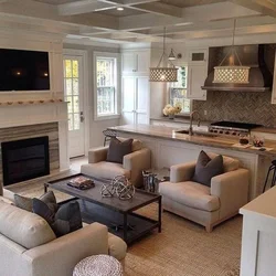 Kitchen living room 30 sq m in a country house design photo