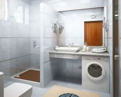Душ және кір жуғыш машинасы бар аралас ванна бөлмесінің дизайны фотосуреті