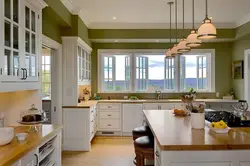Kitchen interior with a large window in the house