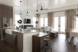 Living room kitchen design with island and sofa
