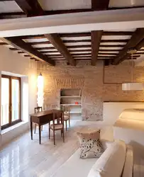 Apartment interior with wooden ceiling