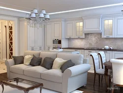 Neoclassicism in the interior of the kitchen-living room combined