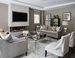 Living room design with electric fireplace and TV photo