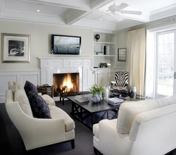 Living room design with electric fireplace and TV photo