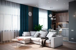Curtains living room combined with kitchen photo
