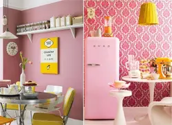 What color goes with pink in the kitchen interior photo
