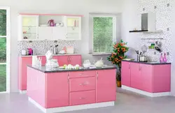 What color goes with pink in the kitchen interior photo