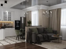 Gray kitchens in the interior combined with a living room