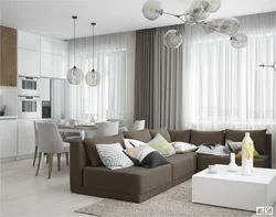 Gray kitchens in the interior combined with a living room
