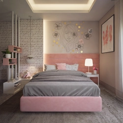 Bedroom interior in gray and pink tones