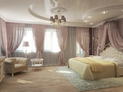 Two-level suspended ceilings with lighting in the bedroom photo design