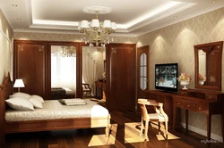 Photo of a bedroom with dark furniture in a modern style