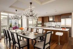 Photo of a kitchen in a house with a chandelier