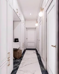 Interior of a narrow hallway with a shoe rack