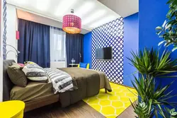 What color goes with blue in the bedroom interior