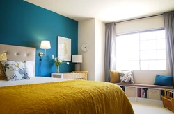 What color goes with blue in the bedroom interior